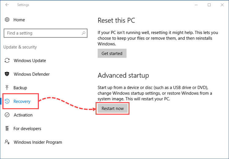 Ponowne uruchomienie komputera w celu włączenia trybu awaryjnego w systemie Windows 10.