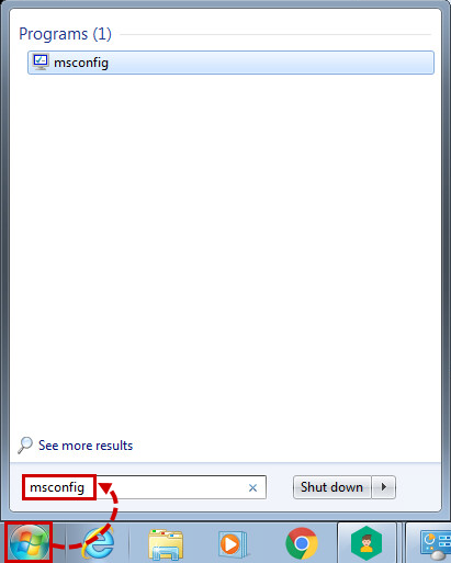 Wpisywanie polecenia „msconfig” w systemie Windows 7, Vista.