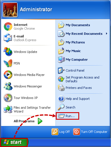 Otwieranie monitu „Uruchom” w systemie Windows XP.