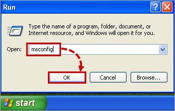 Wpisanie polecenia „msconfig” w systemie Windows XP.