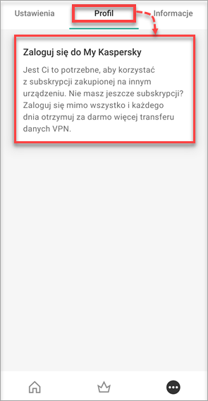 Zakładka Profil w programie Kaspersky VPN Secure Connection for Android