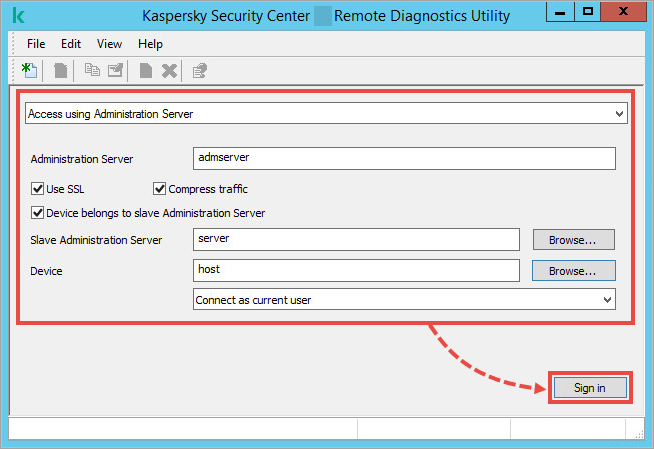 Okno Narzędzie zdalnej diagnostyki Kaspersky Security Center z ustawieniami połączenia.