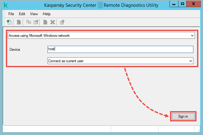 Okno Narzędzie zdalnej diagnostyki Kaspersky Security Center z ustawieniami połączenia.