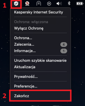 Kończenie działania Kaspersky Internet Security for Mac