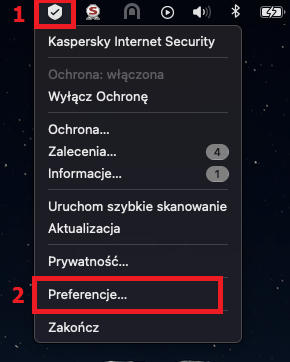 Otwieranie okna Preferencje w Kaspersky Internet Security for Mac.