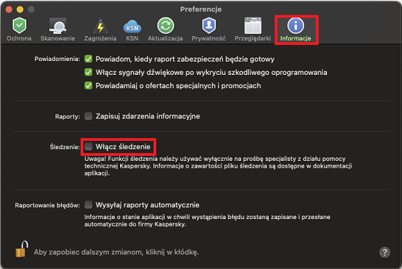 Włączanie śledzenia w Kaspersky Internet Security for Mac