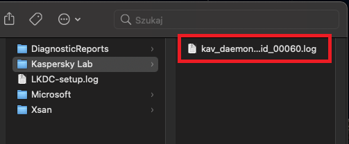 Folder z plikami śledzenia programu Kaspersky Internet Security for Mac