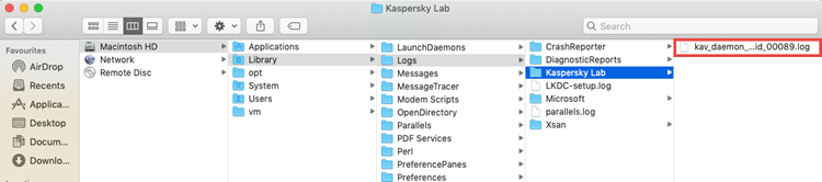 Folder ze śladami Kaspersky Security Cloud for Mac