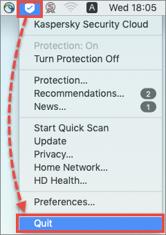 Menu Kaspersky Secure Connection for Mac na pasku menu macOS