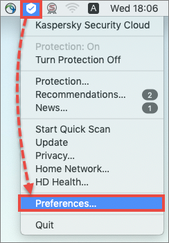 Menu Kaspersky Secure Connection for Mac na pasku menu macOS