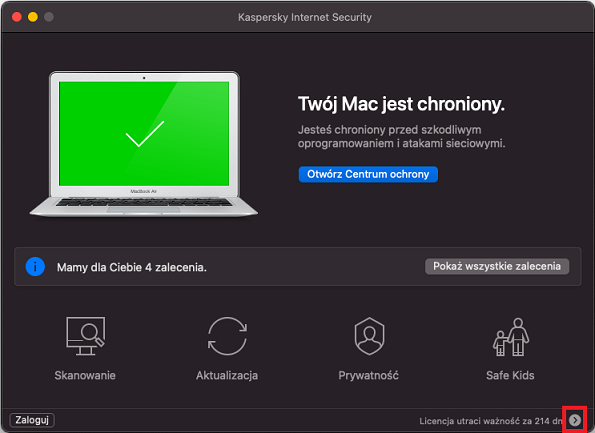 Otwieranie okna Licencjonowanie w Kaspersky Internet Security for Mac