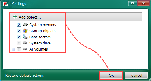 Okno Scan settings w Kaspersky Virus Removal Tool