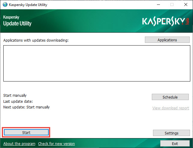 Okno główne w Kaspersky Update Utility