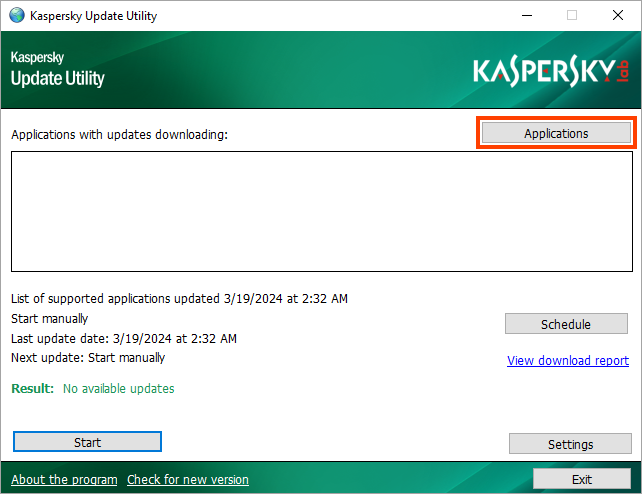 Okno główne Kaspersky Update Utility for Windows.