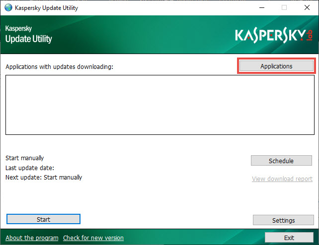 Okno główne Kaspersky Update Utility for Windows.