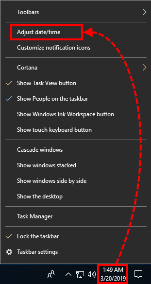 Przejście do ustawień daty i godziny w systemie Windows 10