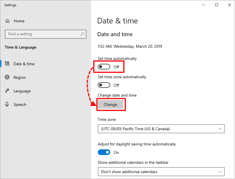 Przejście do ustawiania daty i godziny w systemie Windows 10