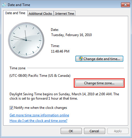 Przejście do wyboru strefy czasowej w systemie Windows Vista / Windows 7