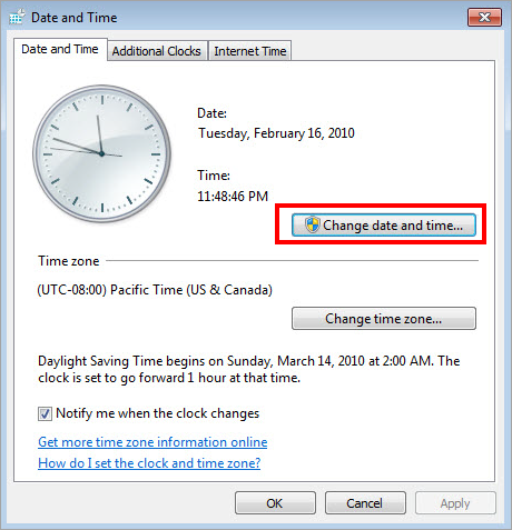 Przejście do ustawiania daty i godziny w systemie Windows Vista / Windows 7
