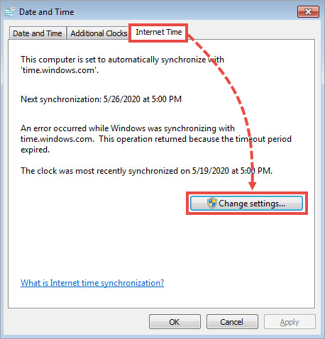 Przejście do ustawiania daty i godziny przez Internet w systemie Windows Vista / Windows 7