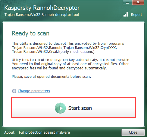 Iniciar uma verificação no Kaspersky RannohDecryptor.