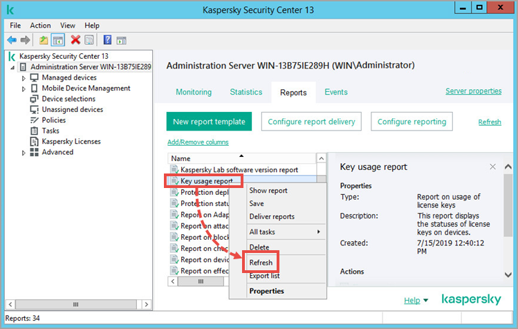 Atualização do relatório de uso de chaves de licença no Kaspersky Security Center.