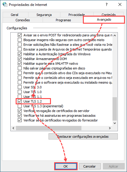 Marcar a caixa de seleção Usar TLS 1.2 nas Propriedades da Internet.