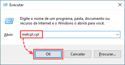 Digitar inetcpl.cpl na janela Executar.