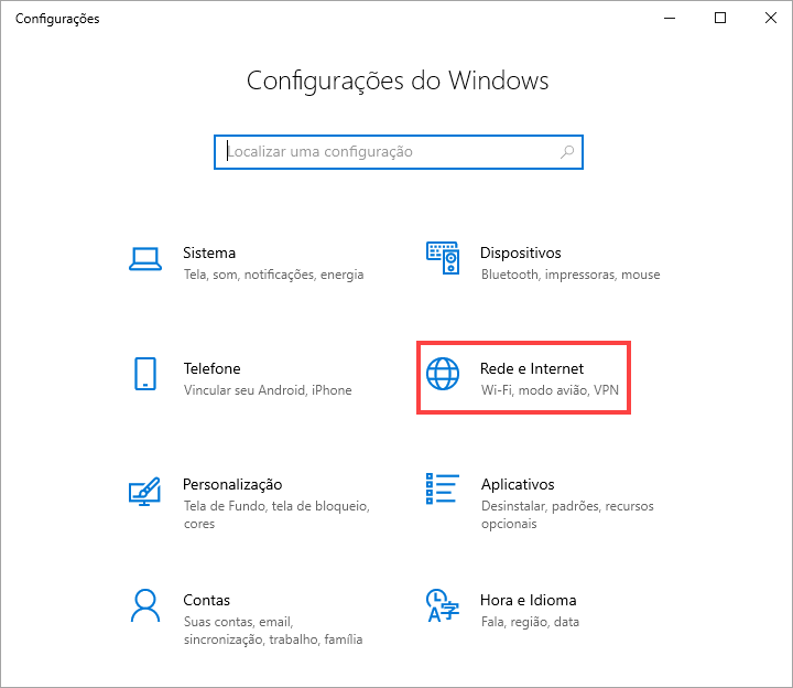 Configurações de rede no Windows 10.