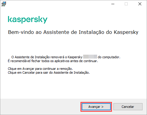 Iniciar a remoção de um aplicativo Kaspersky