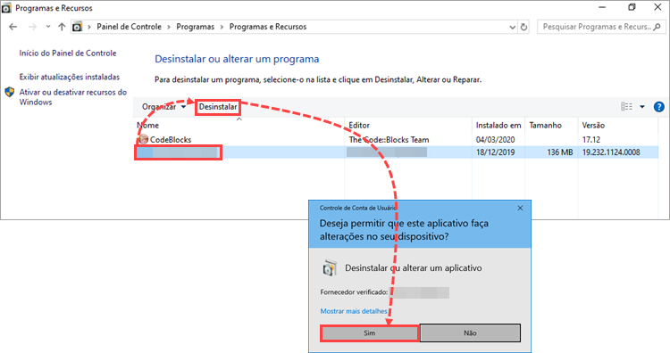 Remoção de um aplicativo via Painel de Controle do Windows