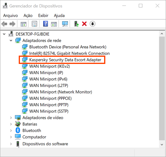 O Kaspersky Security Data Escort Adapter é exibido no gerenciador de dispositivos do Windows