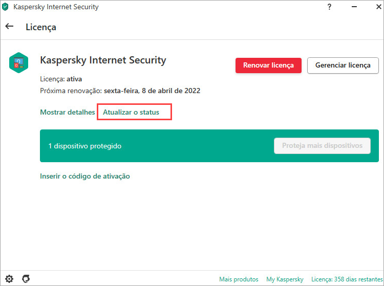 Atualizar o status da licença em um aplicativo da Kaspersky