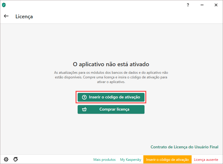 Como inserir novamente o código de ativação em um aplicativo da Kaspersky.