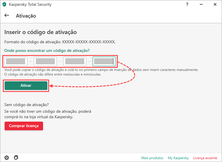 Janela de ativação em um aplicativo da Kaspersky.