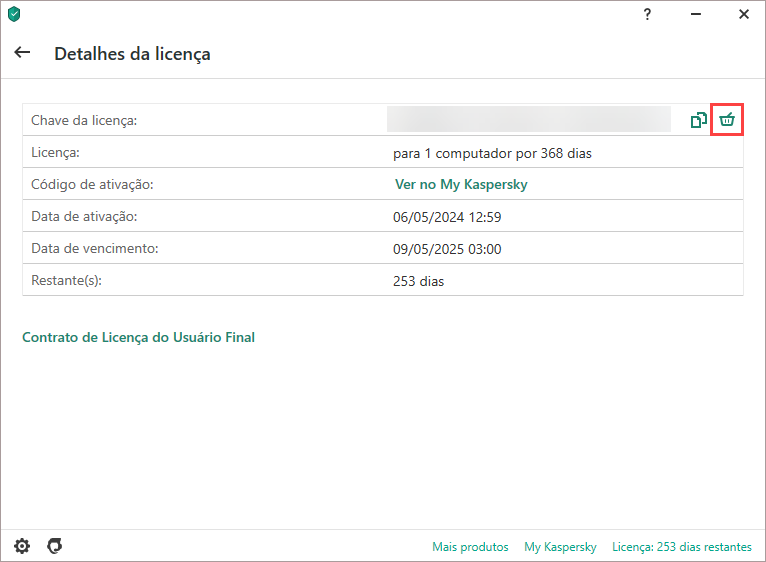 Como remover a chave de licença de um aplicativo da Kaspersky.