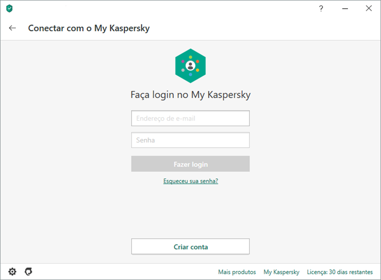 Registro no My Kaspersky por meio do aplicativo Kaspersky