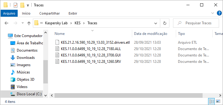 Arquivos de rastreamento no Kaspersky Endpoint Security 11.5.x for Windows