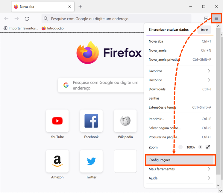 Abrir as configurações do Mozilla Firefox