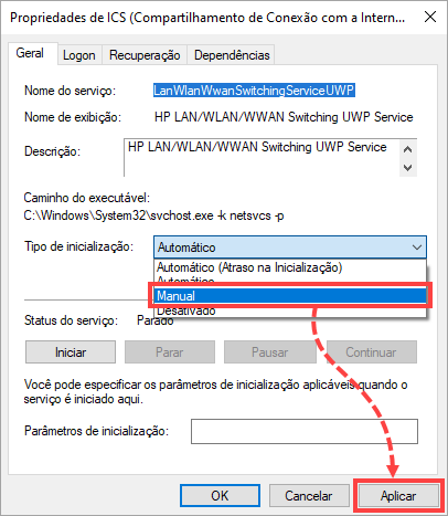 Ajustando o tipo de inicialização do serviço HP LAN/WLAN/WWAN Switching UWP