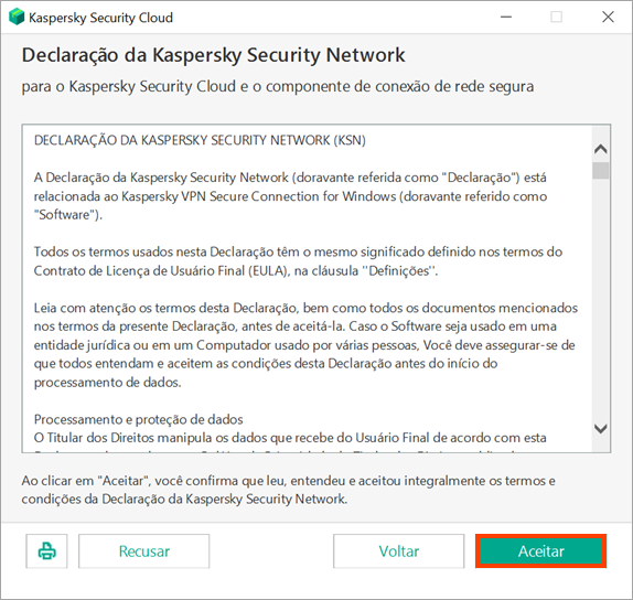 Escolha se deseja ou não participar do Kaspersky Security Network ao instalar o Kaspersky Security Cloud