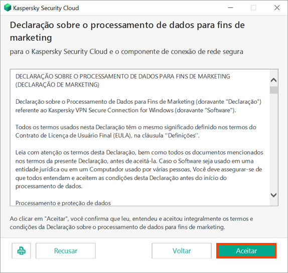 Aceite ou recuse a Política de Processamento de Dados de Marketing ao instalar o Kaspersky Security Cloud
