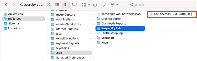 Pasta com os rastreamentos do Kaspersky Security Cloud for Mac