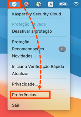 Menu do Kaspersky Secure Connection for Mac na barra de menus do macOS.