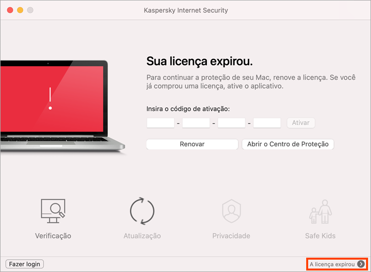 Janela principal do Kaspersky Internet Security for Mac com uma licença expirada.