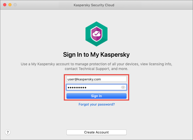Conectando o Kaspersky Security Cloud for Mac ao My Kaspersky
