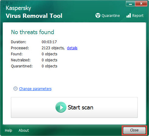 Fechando a Kaspersky Virus Removal Tool