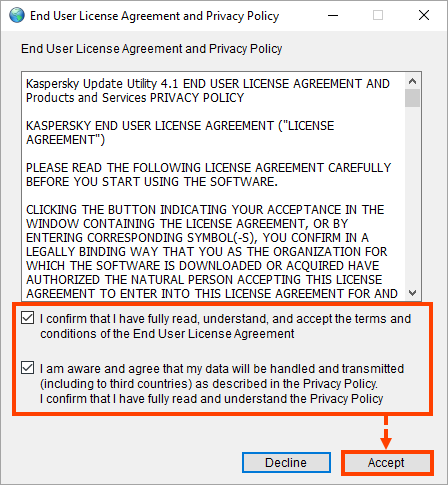 Janela de Contrato de Licença e Política de Privacidade no Kaspersky Update Utility 4.