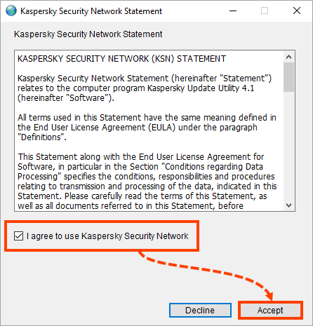 A janela Declaração da Kaspersky Security Network no Kaspersky Update Utility 4.