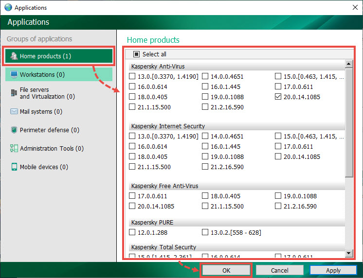 Selecionar os aplicativos para atualização no Kaspersky Update Utility 4.